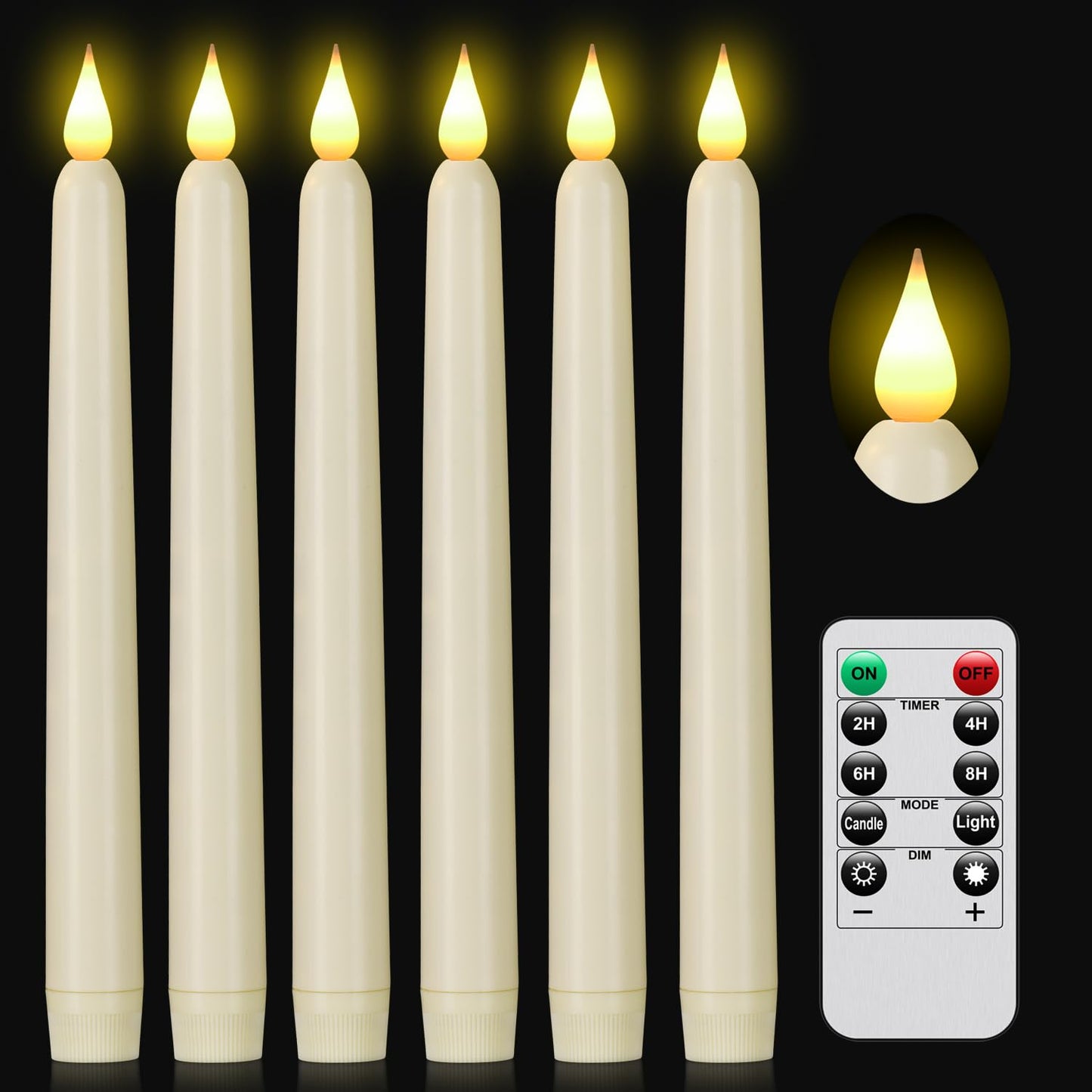 Flameless Taper Candles with Remote Control,6pack Dripless Plastic LED Candles,Flickering Candle Battery Operated,9.2'’Classic Tall Candle for Wedding,Party,Halloween,Christmas,Home Decor (Ivory)