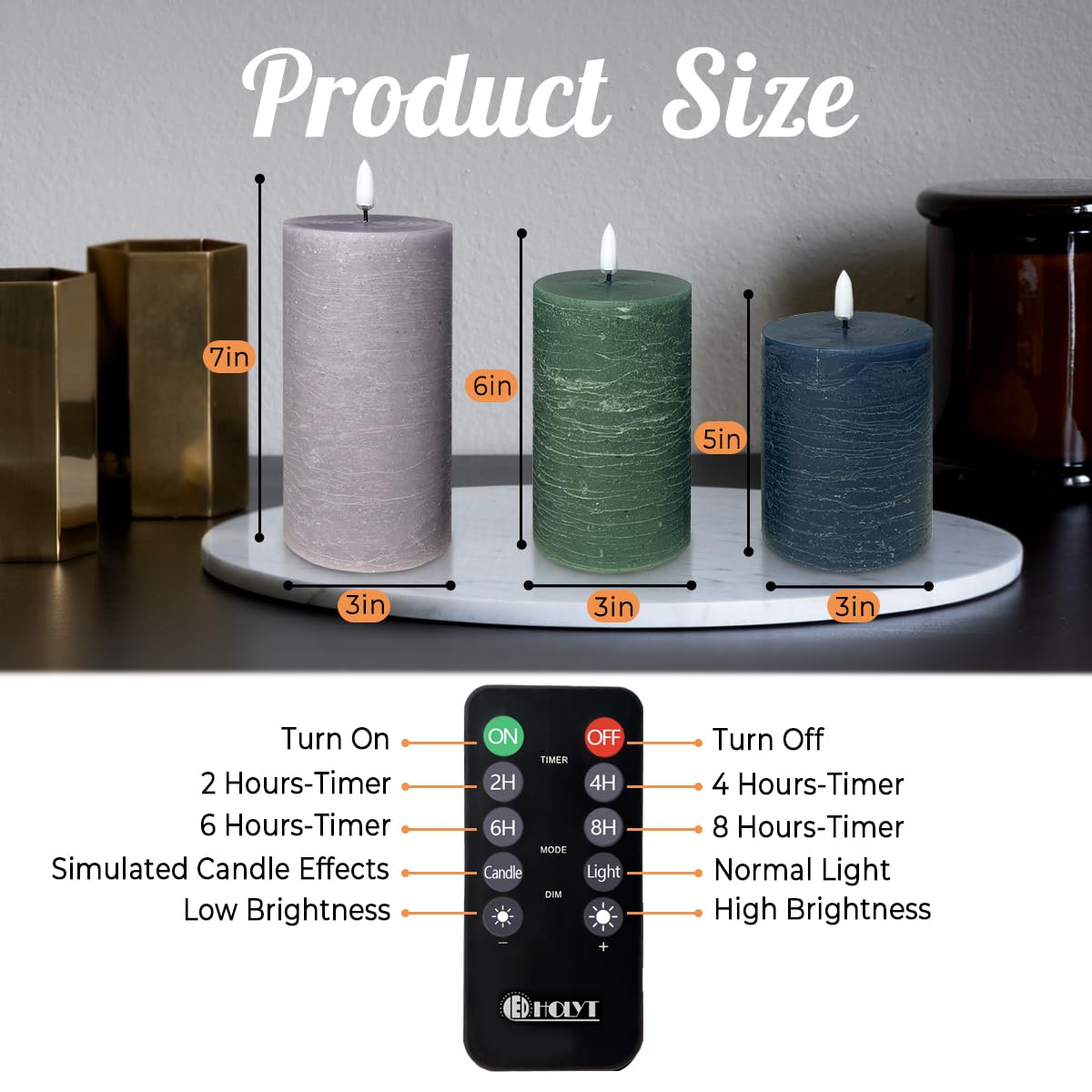 LEDHOLYT Rechargeable Flameless LED Pillar Candles–Luminous Real Wax Indoor Home Decor–Set of 3, Realistic Flickering LED Flame,Remote & Timer, USB-Rechargeable（Verdant & Ash Tones）