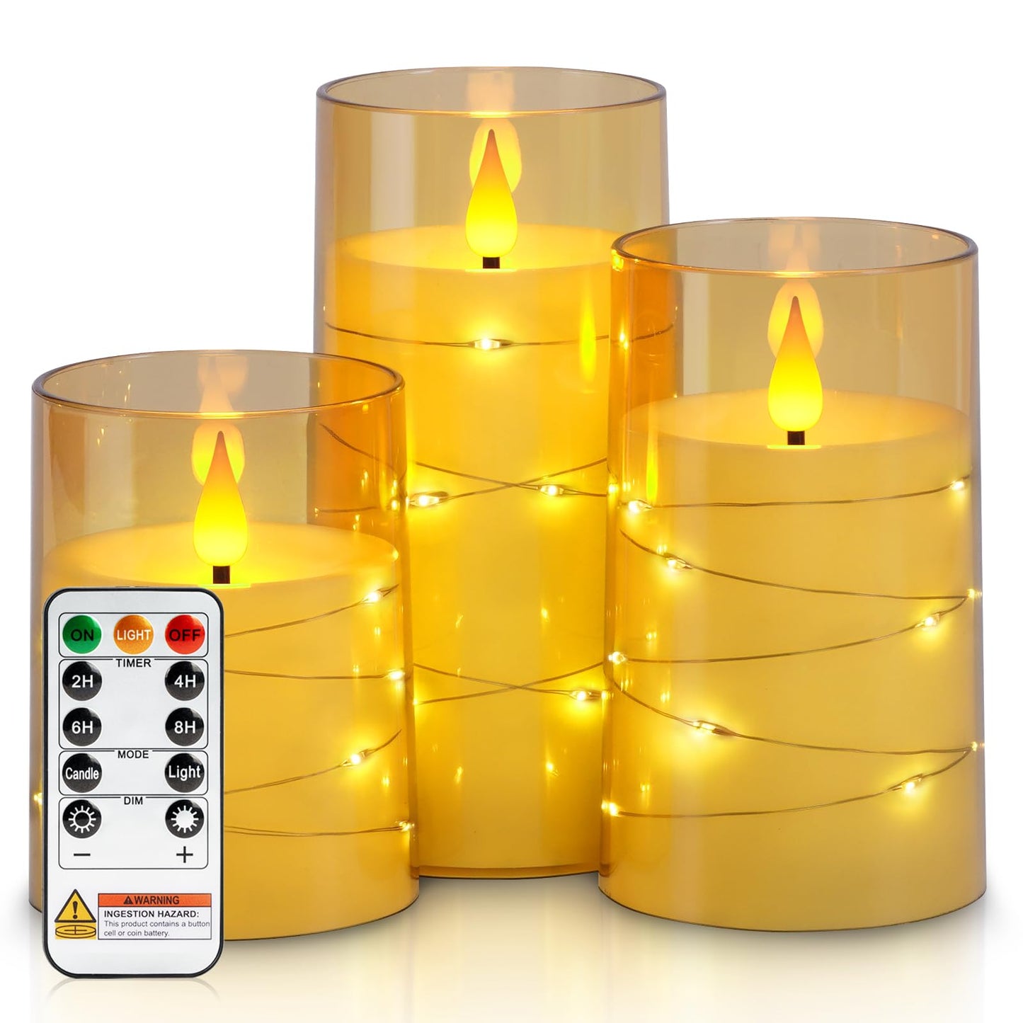 Homemory Flameless Candles with Embedded Star String Fairy Lights, Battery Operated Candles, LED Candle, Fake Candles with Remote Control and Timer, Gold, Set of 3(H 4" 5" 6”)