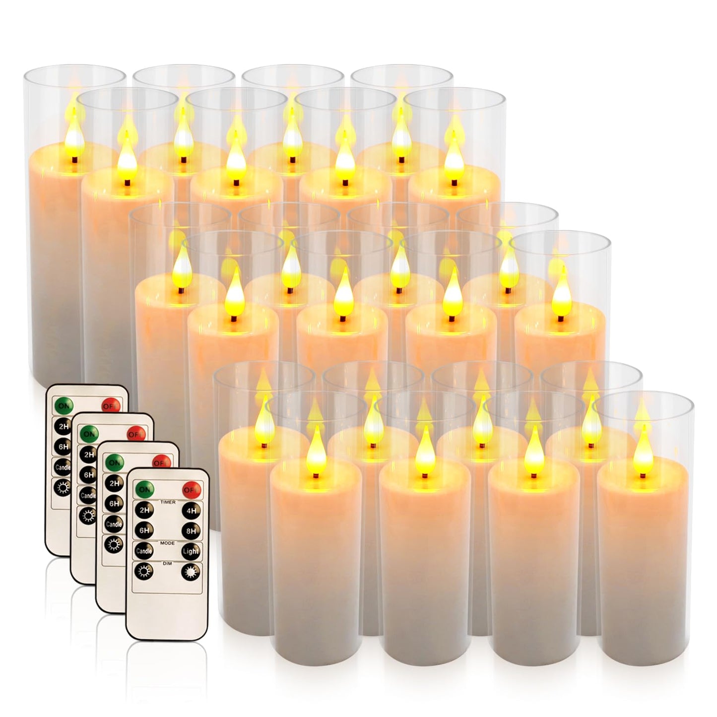 Aamdkcyu 24-Pack Premium Flameless LED Candles - Elegant White & Clear Acrylic Pillar Design with Realistic Flickering Flame, Remote Control & Timer for Weddings, Christmas, Halloween & Home Decor