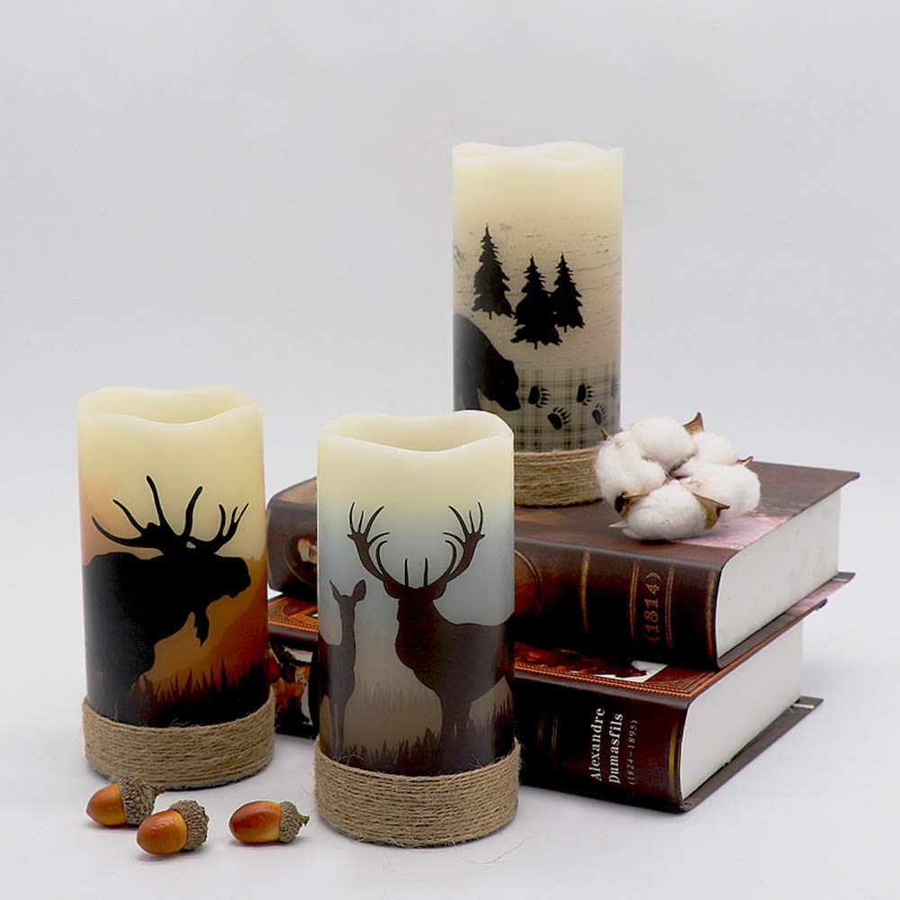 Eldnacele Flameless Flickering Candles Deer, Moose, Bear Decal with Hemp Rope and 6H Timer, Battery Operated LED Pillar Candles Real Wax Home Décor Christmas and Gift Set of 3