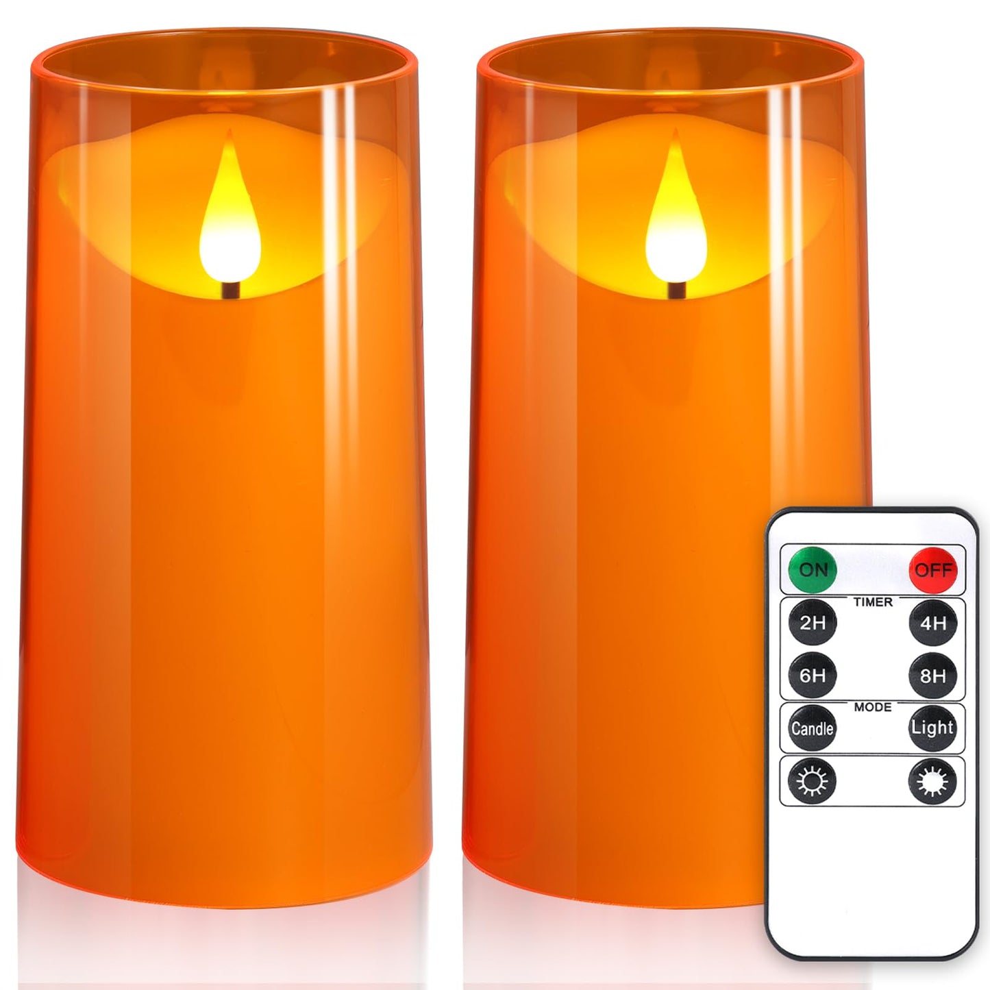 NURADA Flameless Candles with Remote and Timer - 3D Wick Unbreakable Acrylic Battery Operated LED Pillar Battery Candles for Fall Thanksgiving Dinner Tables Wedding Party Home Decor - Orange 2 Pack