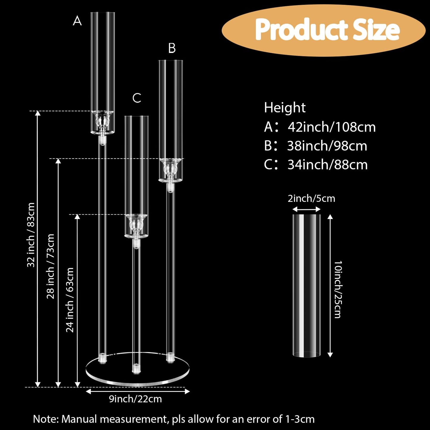 6 Set 3 Arms Acrylic Candelabras with Shades, 42" Floor Candelabra Centerpieces for Wedding Decorations,Clear Candle Holder for Table Decoration,Dinner Party,Candlesticks Holder Fits 0.87“LED Candle