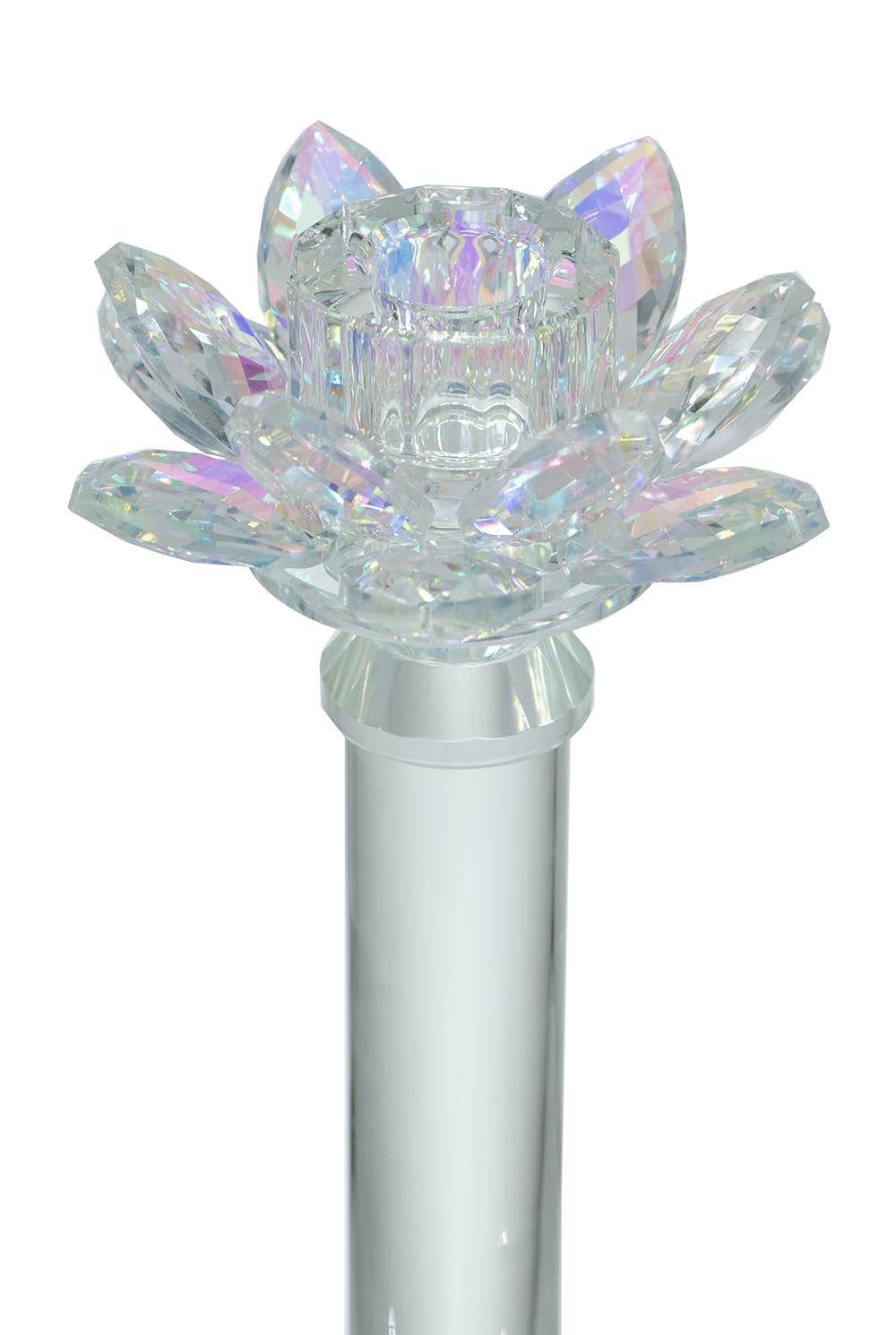 ORYNTIDE D4.5x11 Prismatic Lotus Crystal Glass Candlestick Holder - Elegant Taper Candle Stand with Iridescent Flower Top, Clear Luxury Décor