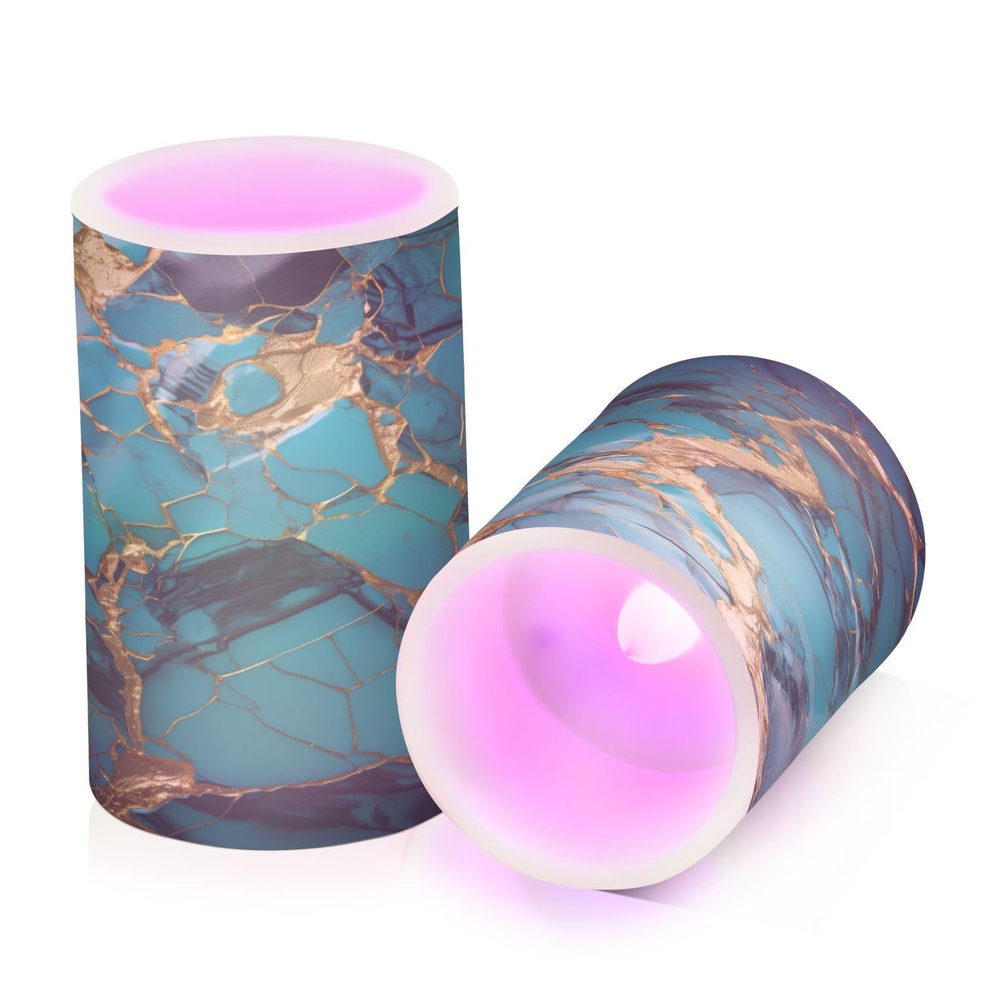 BOENLE Flickering Flameless Candles, Turquoise Golden Marble LED Candles with Remote Timer, Set of 2 Battery Operated Candle for Valentine Wedding Birthday
