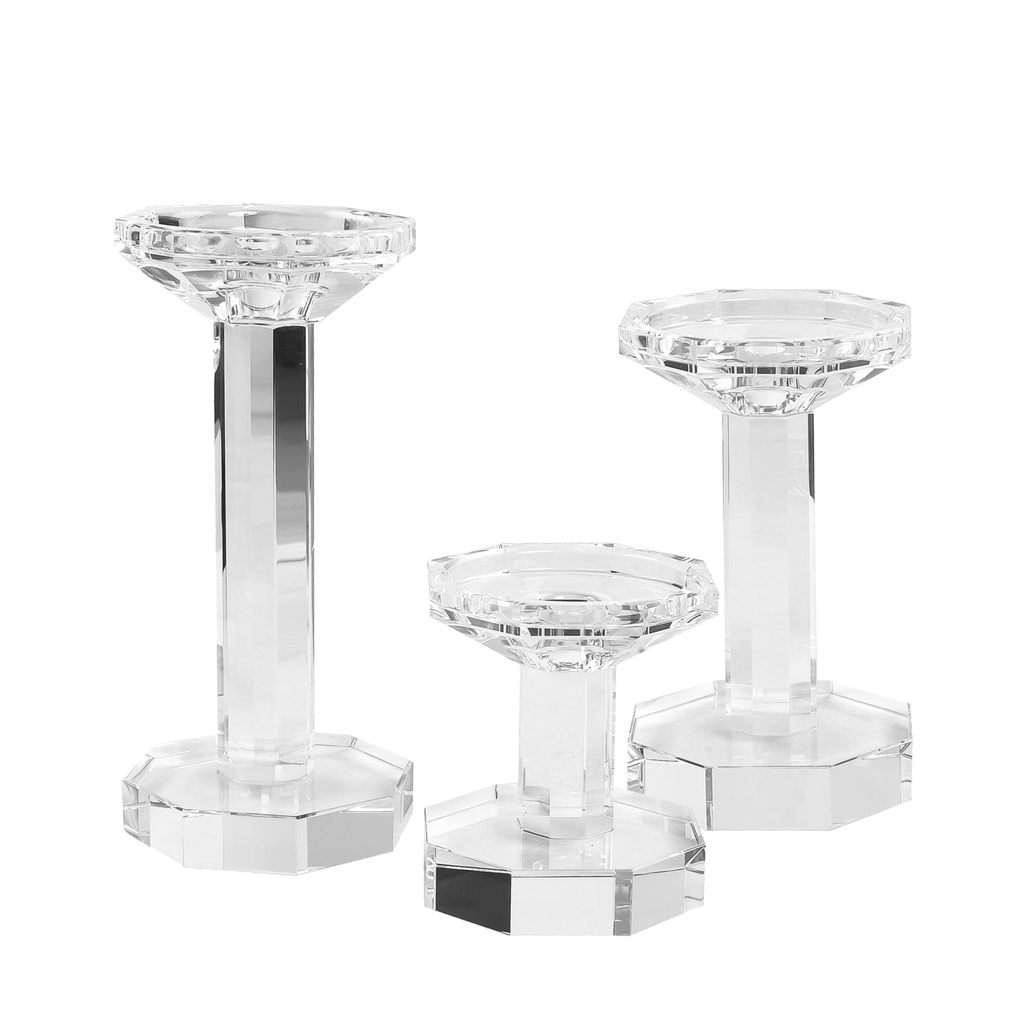 DONOUCLS Crystal Candlestick Holders Set of 3, Clear Crystal Taper/Pillar Candles Holders– Table Centerpieces for Party and Wedding Decoration(4''/6''/8'' Tall)