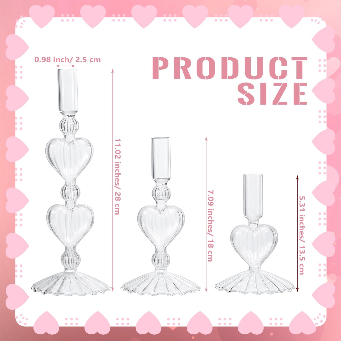 Mumufy 3 Pcs Valentine's Day Glass Candlestick Holders Heart Glass Taper Candle Holder Valentines Heart Candle Stick Vase Decor for Galentine's Day Wedding Festival Party Table Centerpiece(Clear)