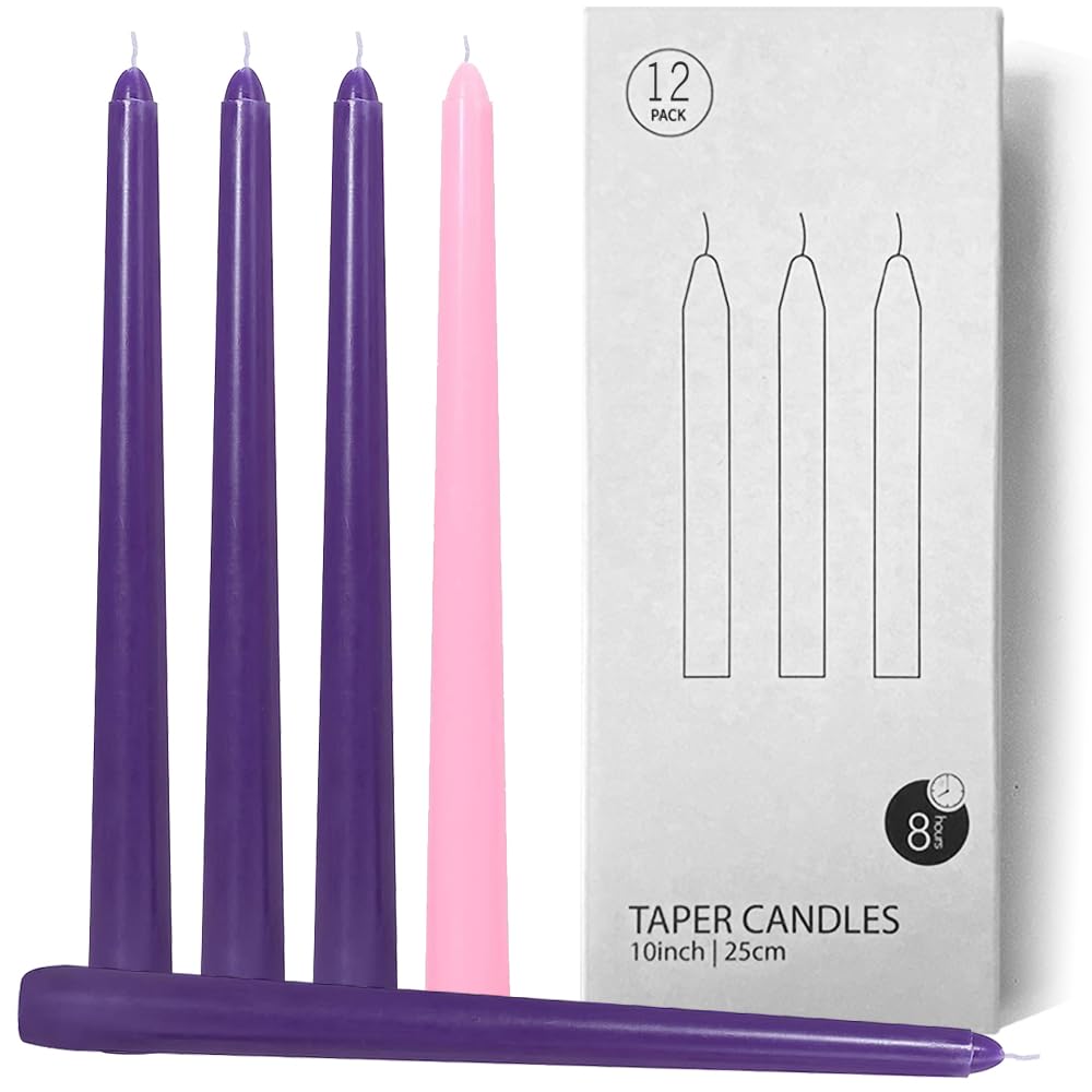 Topsics Advent Taper Candles, 12 Pack Christmas Advent Candles Set, Taper Candles for Seasonal Celebration - 9 Purple and 3 Pink