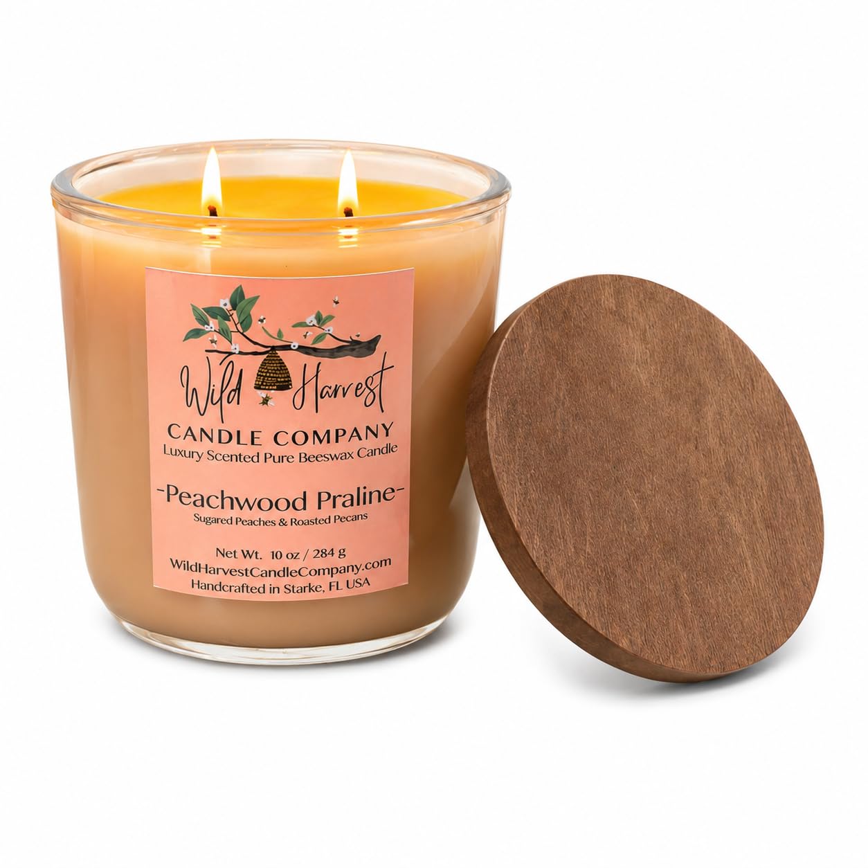 Peachwood Praline Scented Pure Beeswax Candle – Sugared Peach & Roasted Pecan Scent – 10 oz Luxury Handcrafted Candle in Peach Glass Jar – Double Wick Clean Burning Candle - Made in USA