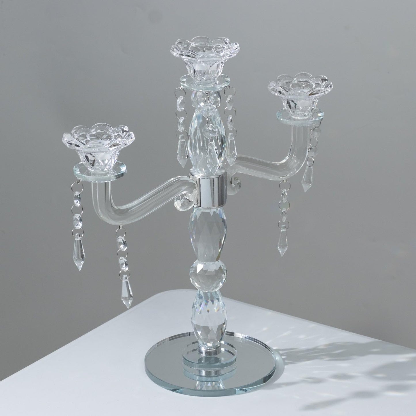 Efavormart Crystal 3-Arm Candelabra Taper Candle Holder with Hanging Prisms & Round Mirror Base – Faceted Cut Glass Design - 14" Tall