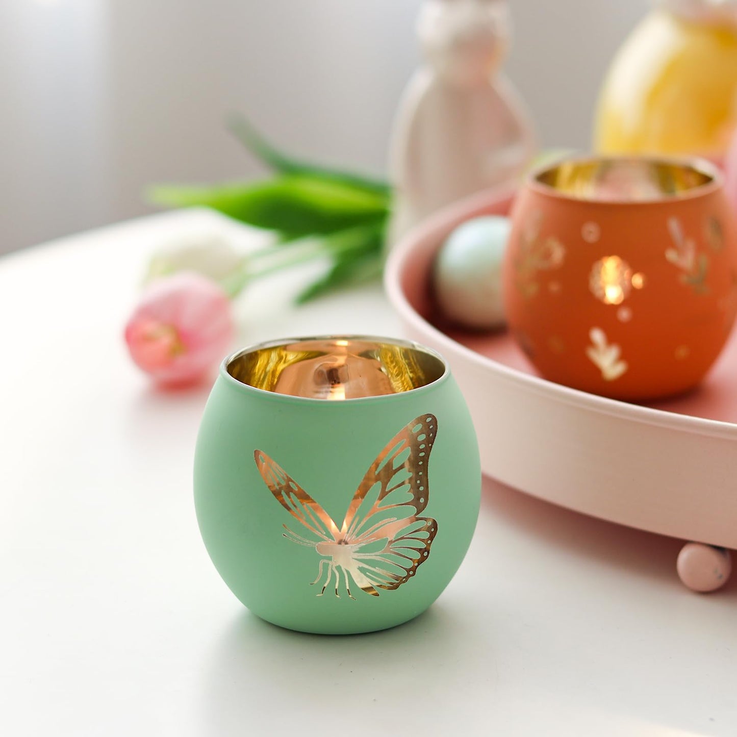 SHMILMH Easter Table Decorations 6PCS Glass Votive Tealight Candle Holders, Indoor Centerpiece Decorations, Women Adult Easter Gifts