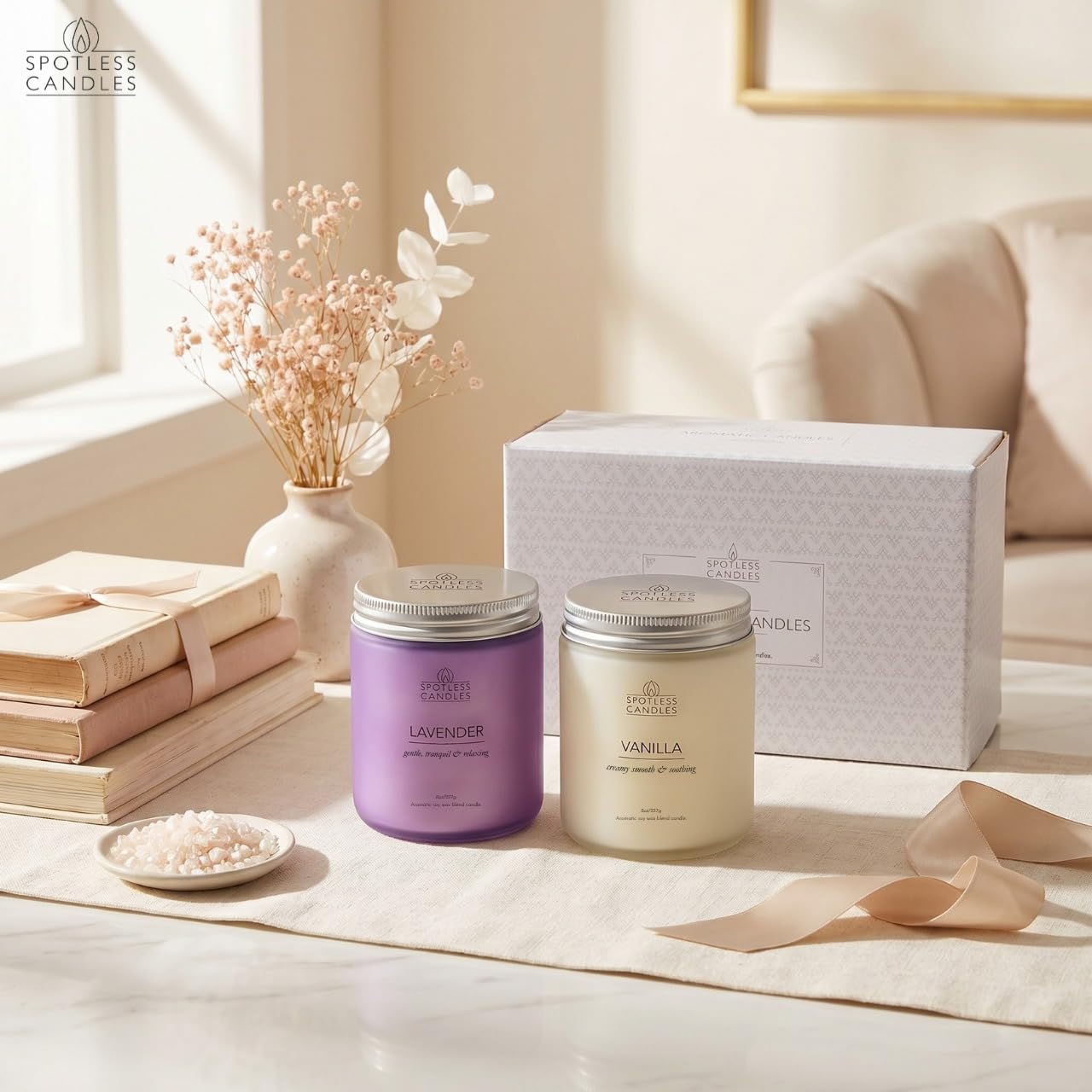 Aromatic Candles Two Pack - 2 x 8 oz Lavender & Vanilla in a Gift Pack, Classic Candle Set for Men and Women by Spotless Leopard