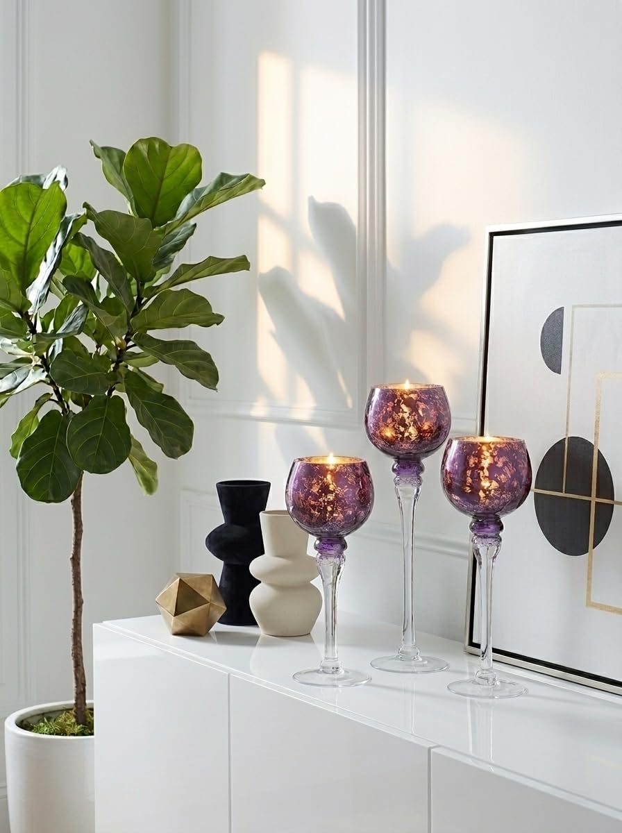 Inweder Glass Tealight Candle Holder: Purple Mercury Votive Holders 9/10/12 Inch Tall Long Setm Floating Candle Holders for Christmas Dining Table Centerpiece Wedding Party Halloween Set of 3