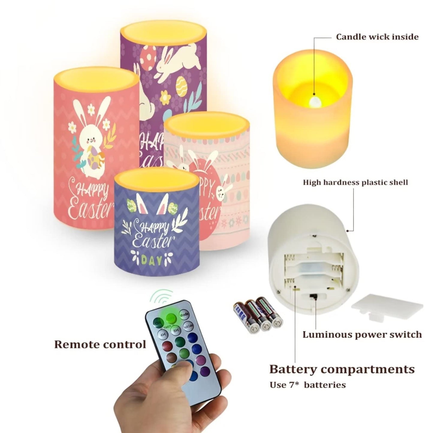Cozeyat LED Candles 4 Packs,Happy Easter Design Electric Candles in Warm Yellow,Flicketing Votive Led Tea Lights Battery Opreated,Plastic Wax Pillar Moving Tealights for Indoor Outdoor