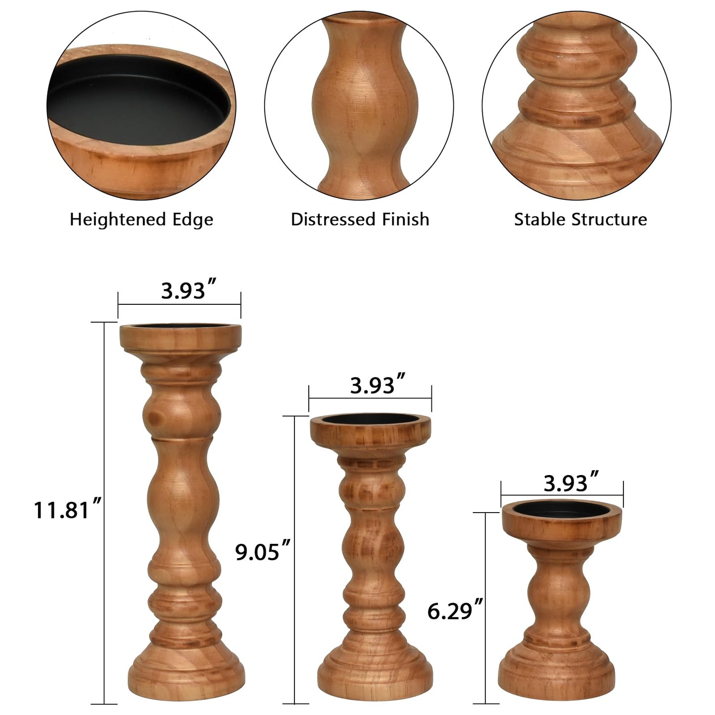 SWALLOWLIVING Rustic Farmhouse Wood Pillar Candle Holder Set of 3 for Candlestick, Brown
