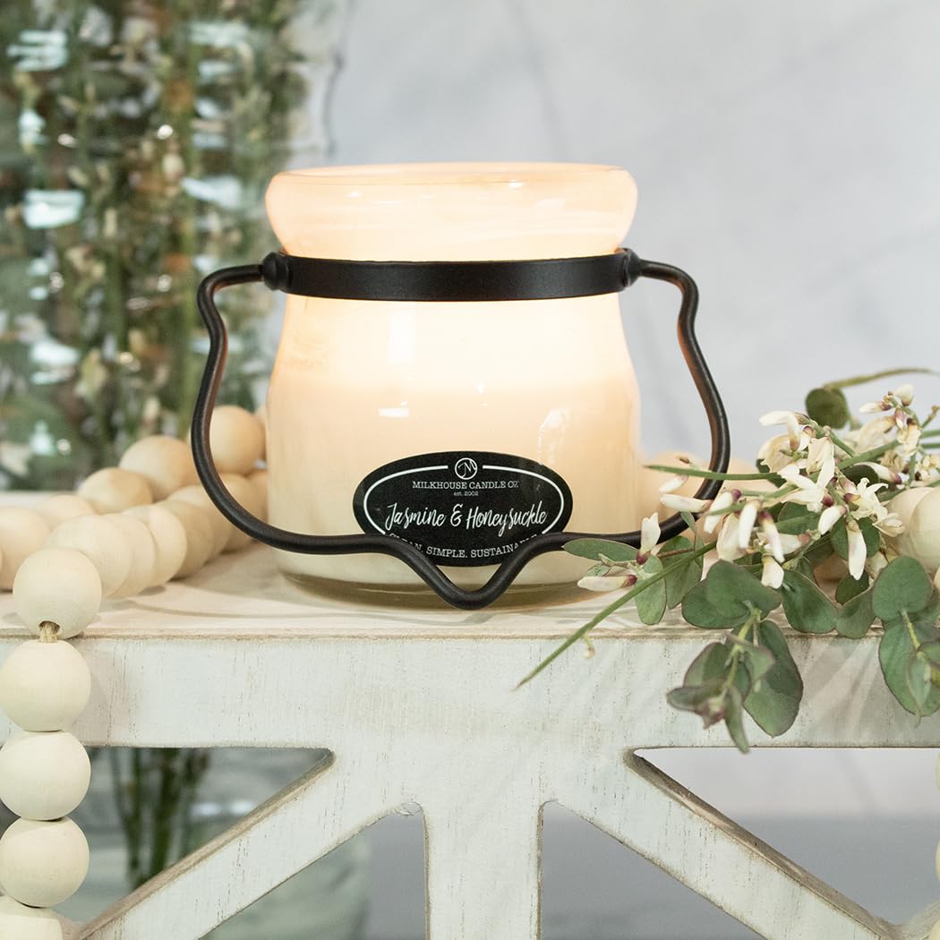 Milkhouse Candle Company Jasmine & Honeysuckle Soy Candle - Honeysuckle | White Jasmine | Citron & Greens Scented - 5 oz Cream Jar with Lid, 35+ Hour Burn Time, Made in the USA