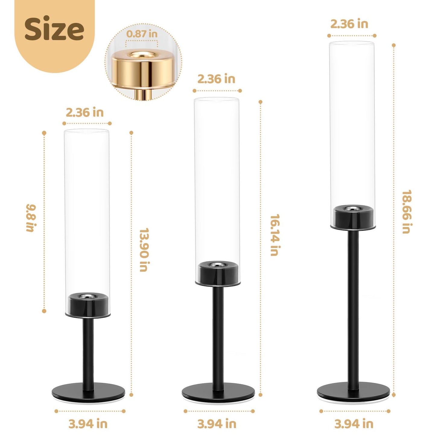 Black Hurricane Glass Candle Holders Set of 6, Tall Metal Taper Candle Stick Holder, Clear Candlestick Holders, Table Centerpieces Decor for Dining Dinner, Weddings, Christmas Fireplace Decorations