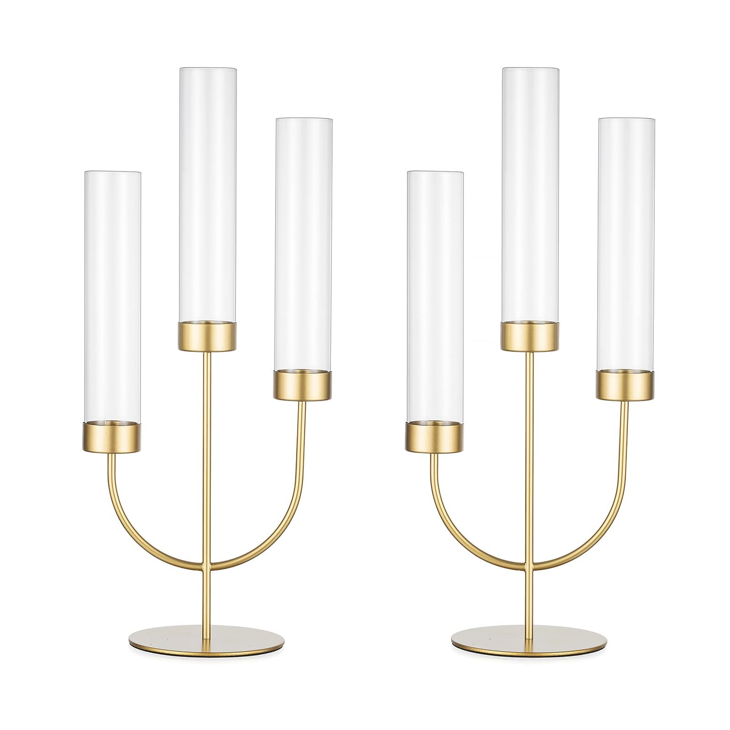 Sziqiqi Gold Candelabra for Wedding Centerpiece: 3 Arm Candle Holders with Cylinder for Taper Candle Stick - Metal Candlestick Holders Set of 2 for Christmas Engagement Table Decor