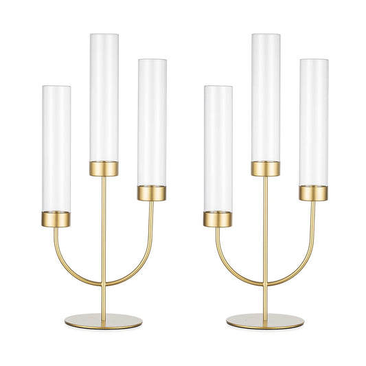 Sziqiqi Gold Candelabra for Wedding Centerpiece: 3 Arm Candle Holders with Cylinder for Taper Candle Stick - Metal Candlestick Holders Set of 2 for Christmas Engagement Table Decor