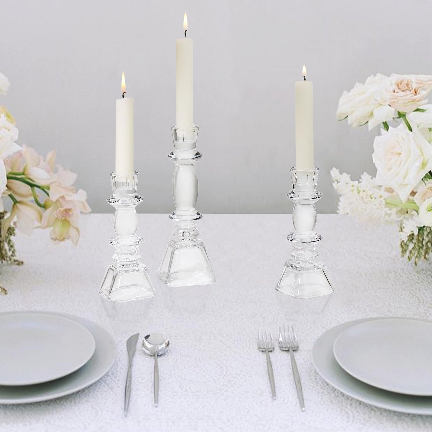 CHOCSTAY Glass Candlestick Holders Set of 3, Clear Taper Candle Holders for Table Centerpiece, Home Decorations, Wedding and Party