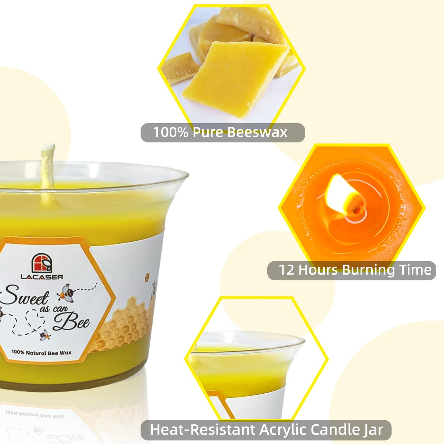 Pure Beeswax Votive Candles, Swee As Can Bee Candle Gifts for Bee Themed Party Favor, Natural Bees Wax Made Large Tealight Candles in Premium Acrylic Cup, 10~12 Hour Burn Time Each, Pack of 4