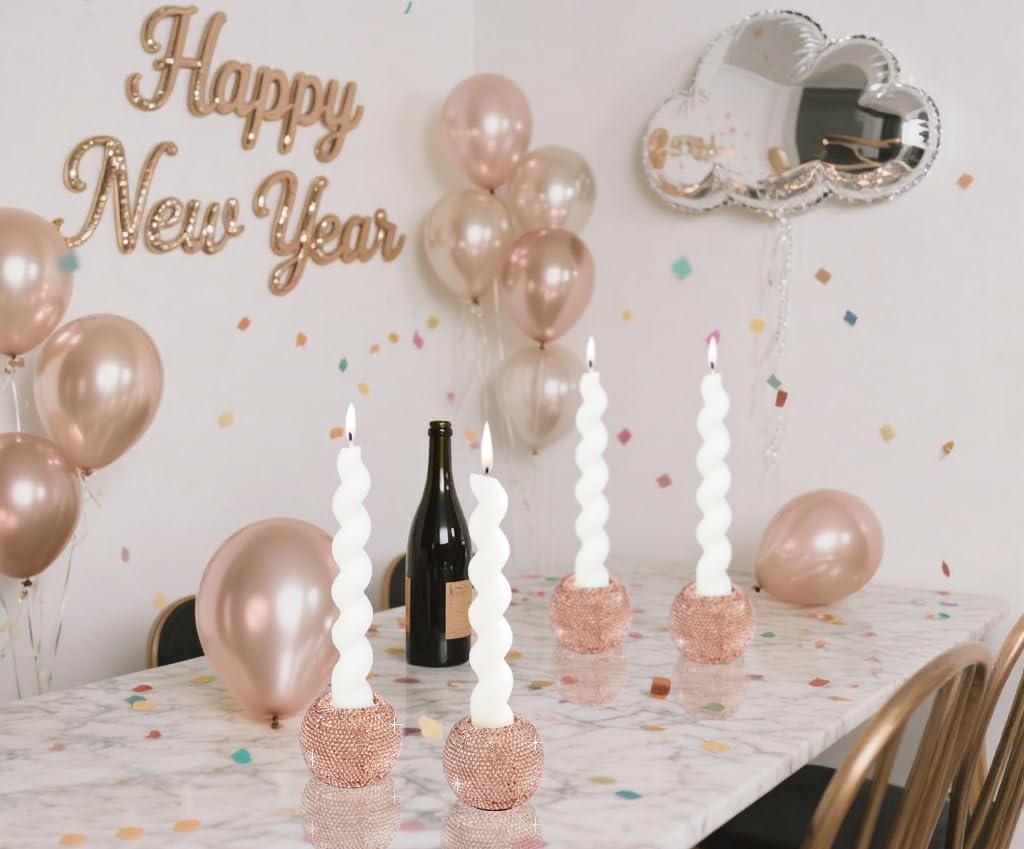 Vixdonos Round Resin Rhinestones Candlestick Holders Set of 3 Ceramic Candle Holder Bulk for Taper Candles,Rose Gold