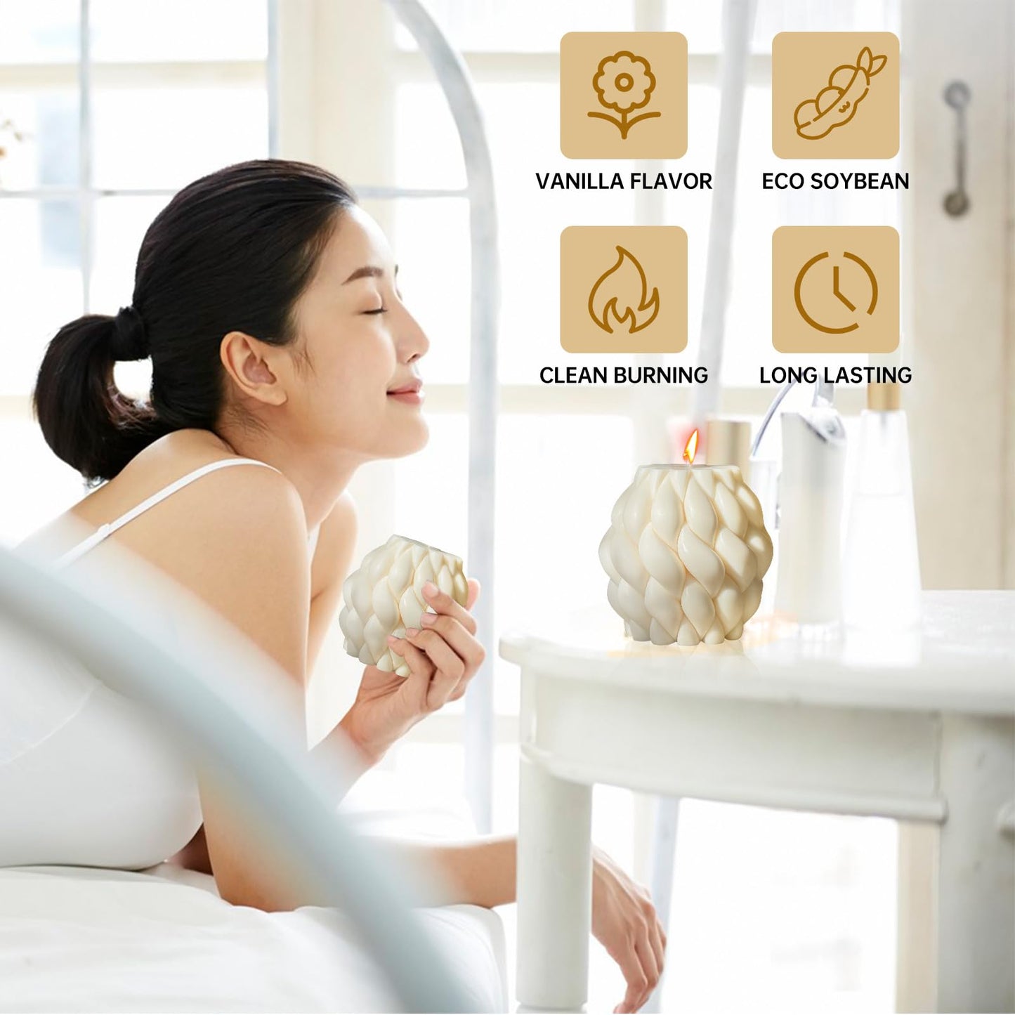 Knot Ball Candle Beautiful Handmade Pillar Scented Soy Wax, Elegant Pillar Bubble Candle Housewarming Gift Home Room Shelf Decor Idea Spiral Candl(White Medium)