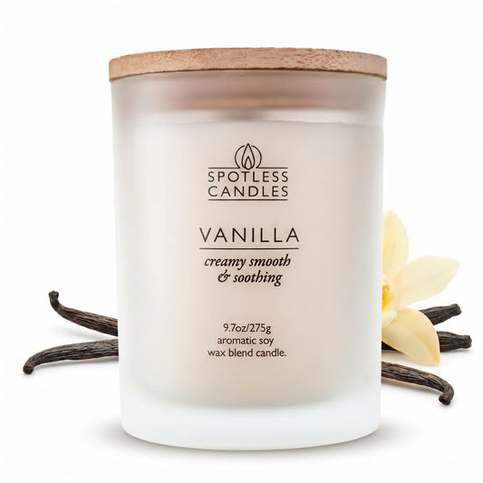 Vanilla Candle; 275g, 55 Hrs Burn Time, Soy Wax White Frosted Jar with Crackling Wooden Wick & Luxury Gift Box: Vanilla Scented Candle by Spotless Candles