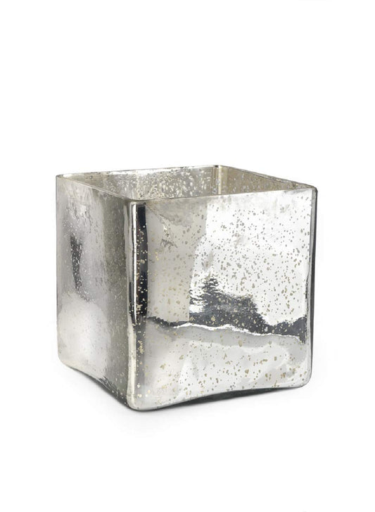 Serene Spaces Living Silver Mercury Glass Cube Vase – Handmade Vintage Inspired Vase with Antique Feel, Ideal for Weddings, Holiday Decor, Events, Home, Single