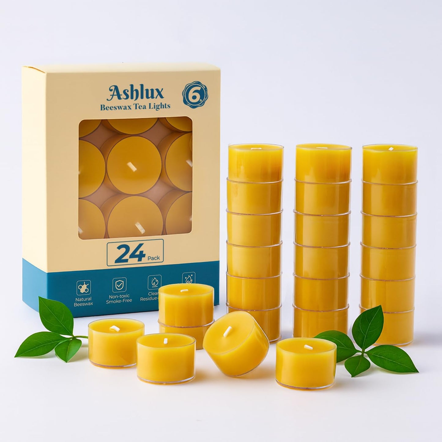 Beeswax Candle Set - 24 Pack 6H Tea Lights + 12 Pack 8H Taper Candles + 3 Pack Pillar Candles | Unscented Dripless Smokeless Clean Burning Long Lasting Candles
