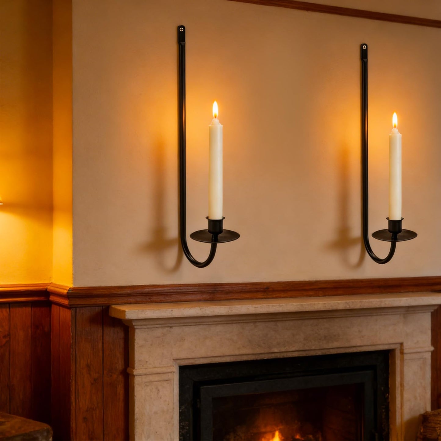 MrMrKura Wall Candle Sconces Set of 2, Metal Wall-Mounted Candle Holder for Taper Candles, Modern Wall Decoration for Farmhouse Fireplace Living Room (Black)
