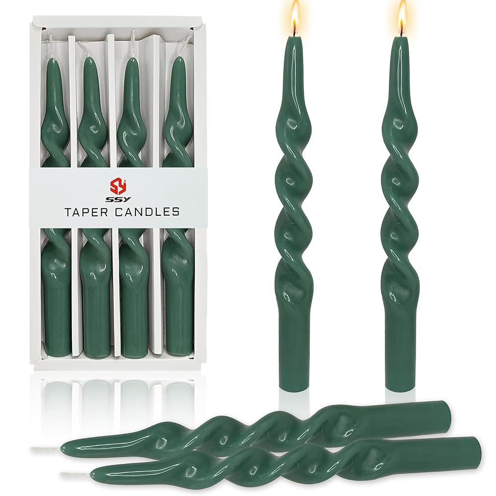 10 Inch Spiral Candles Set of 4, Deep Green Taper Candles, Handmade Twisted Candles, Unscented Candle Sticks for Summer Wedding Dinner Decor