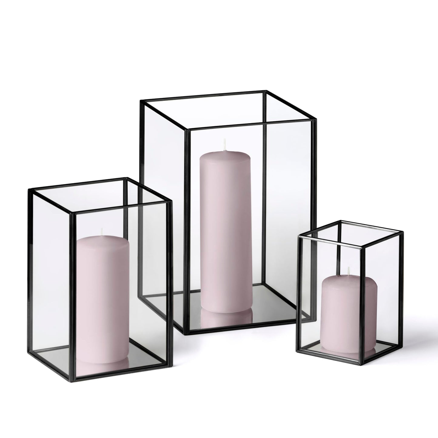 Yummi Set of 36 Slim Pillar Candles & Black Luxus Lanterns - Hint of Mauve