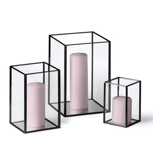 Yummi Set of 36 Slim Pillar Candles & Black Luxus Lanterns - Hint of Mauve