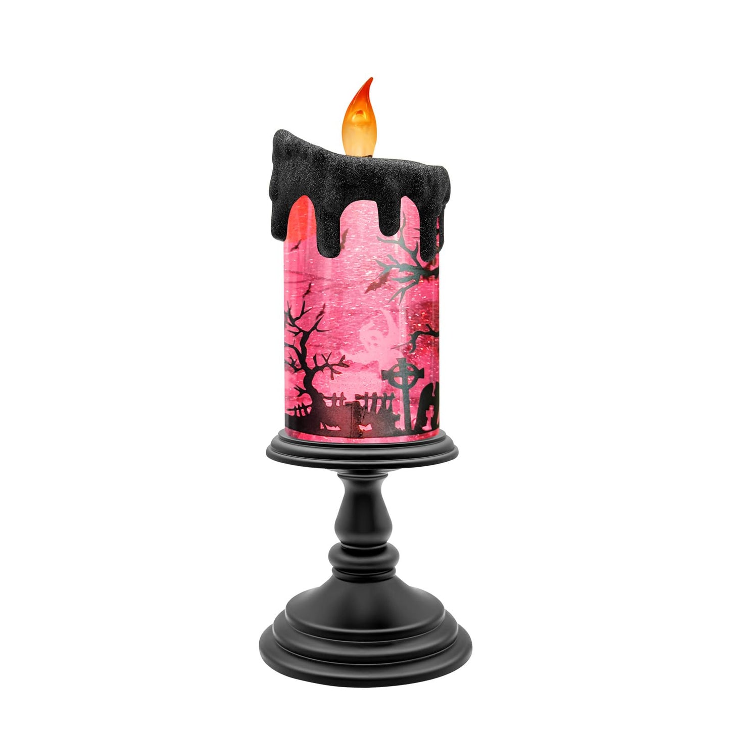 Halloween Snow Globe Candle with Pink Graveyard Scene – LED Flameless Candle with Water Glitter Swirls, Battery Operated Light Up Halloween Decoration for Indoor Tabletop or Mantel