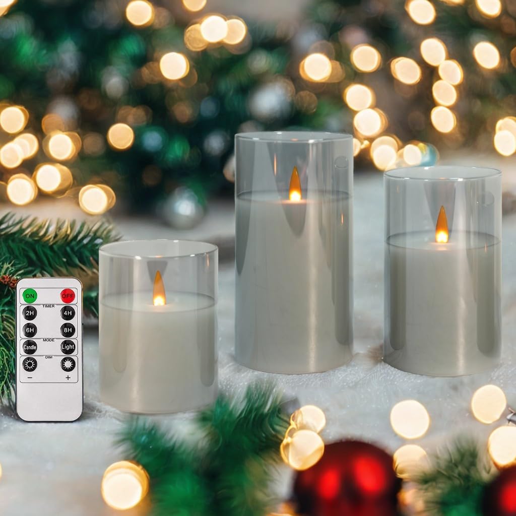 NICEME Clear Glass Flameless Candles Battery Operated with Remote Timer, Real Wax LED Pillar Candles with Flickering Flame Pure White Radiance Evanescing Fake Candles for Wedding Home Decor, Set of 3