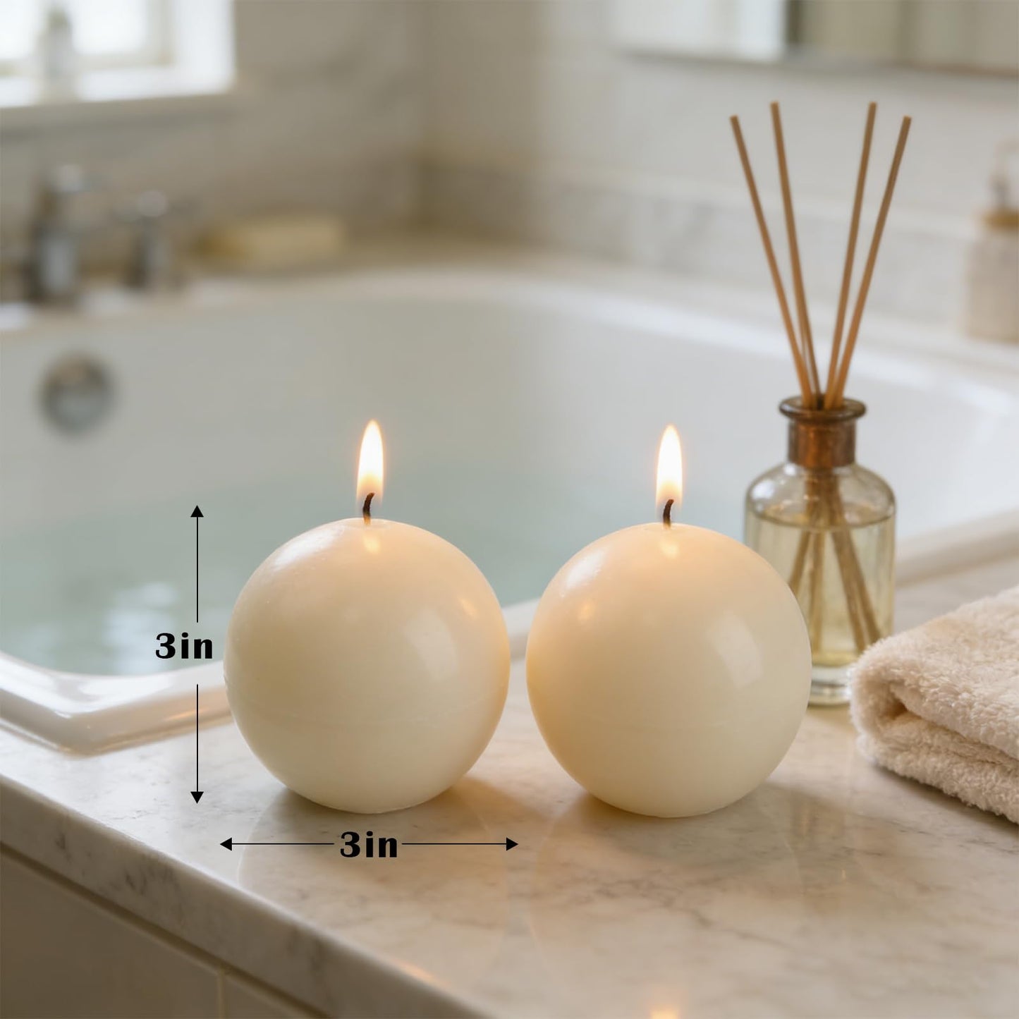Ivory Ball Pillar Candles Set of 3 – 3" Unscented Round Sphere Candles, Hand-Poured for Weddings, Home Decor & Centerpieces, 40-Hour Dripless Burn