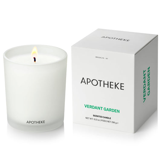 Apotheke Signature Scented Candles for Home, Verdant Garden - 10.5 oz - Soy Wax, Non Toxic, Large Jar White - Luxury Candle Gifts for Women & Men - Cedarwood, Jasmine, Fig, and Coconut