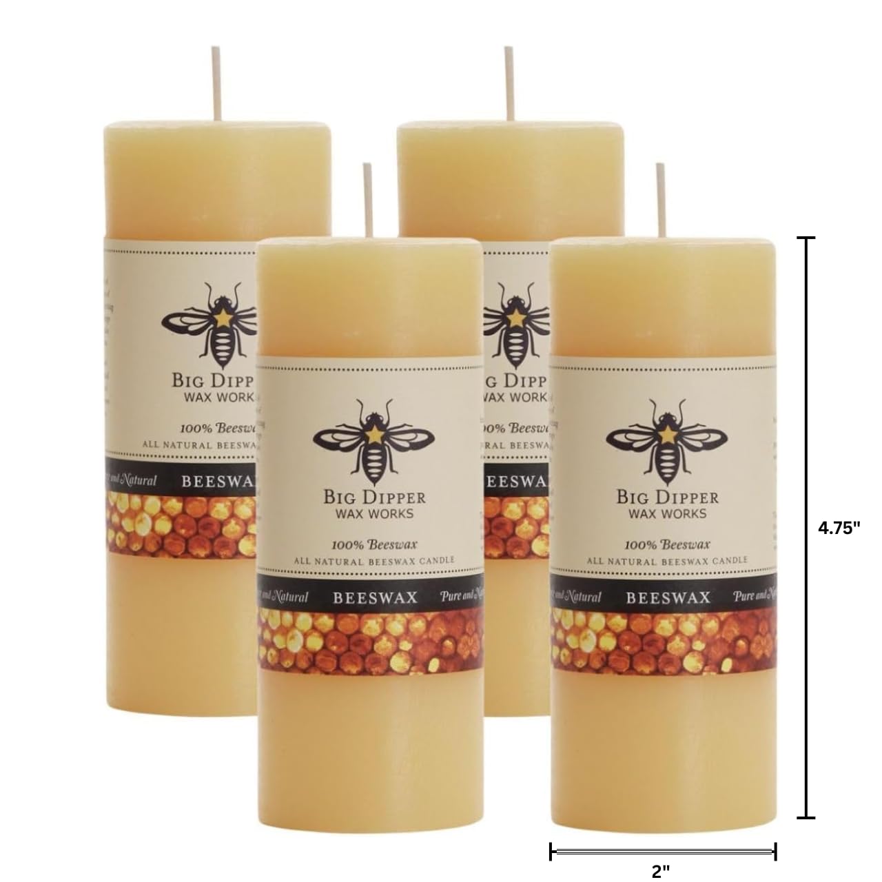 Big Dipper Wax Works 100% Pure Beeswax Pillar Candles (4 Pack) – 2" x 4.75" Handmade in USA, Long Burning Clean Soot-Free, Natural Honey Aroma, Eco-Friendly Cotton Wick, Home Décor & Meditation