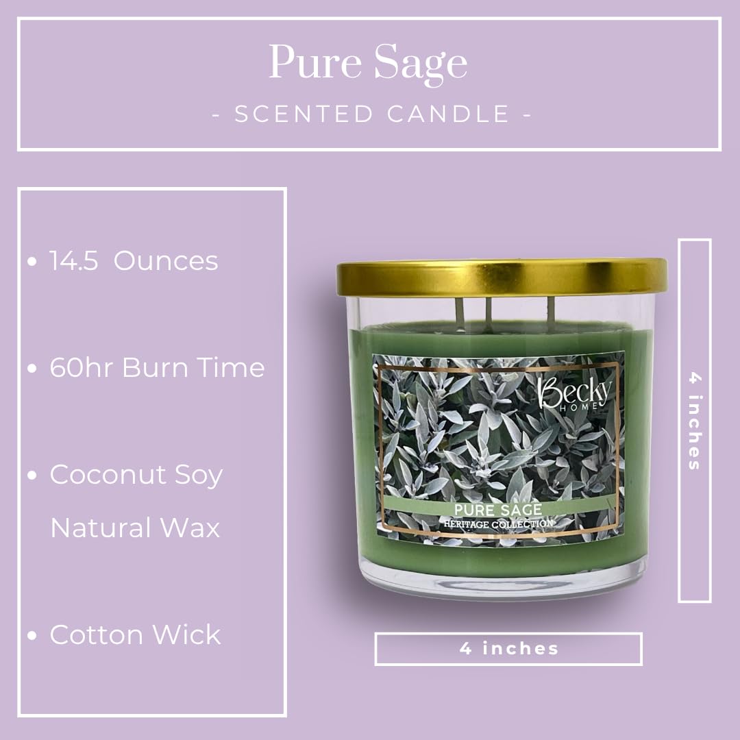 Becky Home 14.5oz Pure Sage Scented Candles for Home, 60 Hrs Soy Wax Candle for Cleansing House, Aromatherapy & Manifestation, Candle Gifts for Men and Women