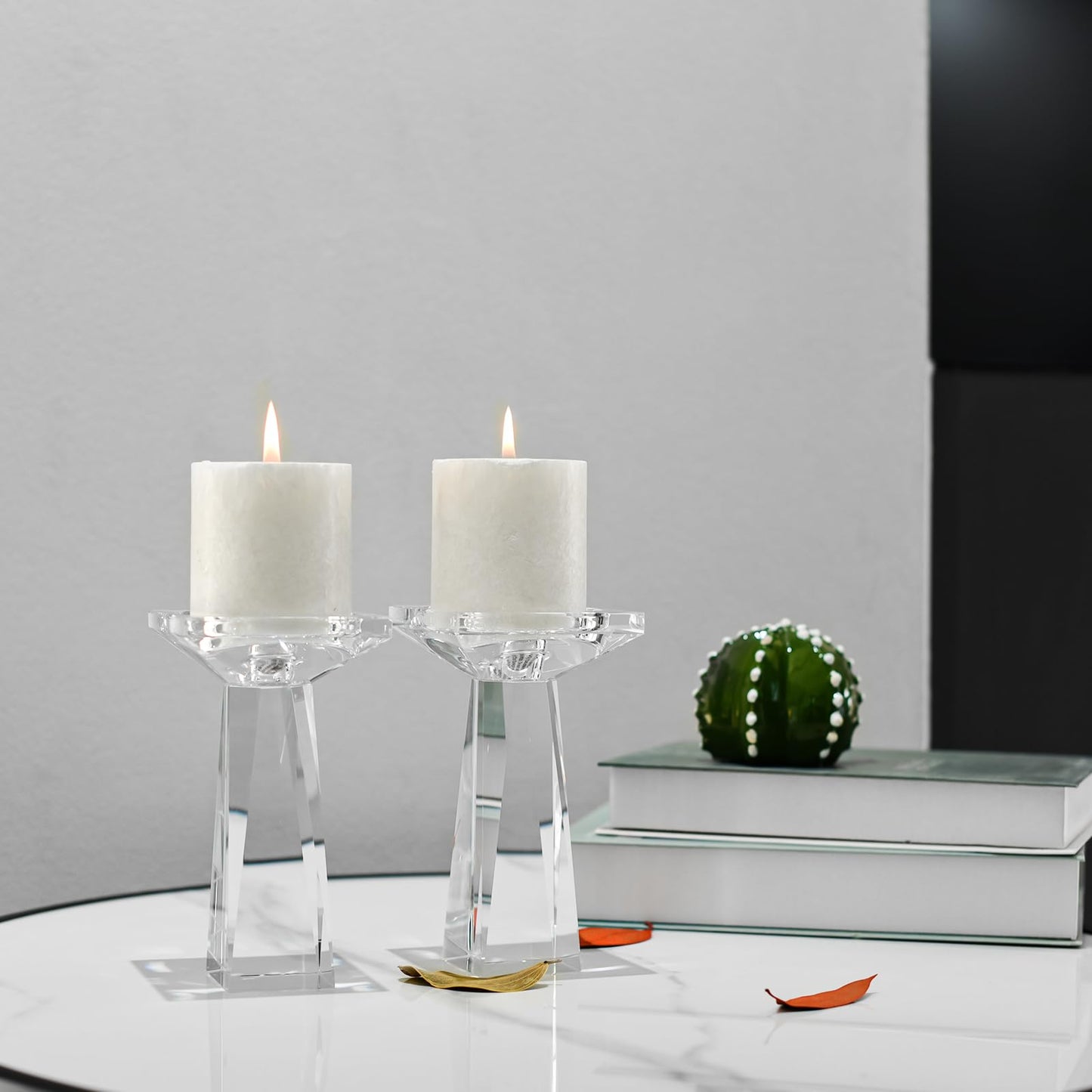 Marvala Crystal Taper/Pillar Candle Holders Set of 2, Heavy Solid Hand Cut Candle Stands Set, 6.3 Inches Height, Table Centerpiece Home Decor for Wedding, Dining, Party, Clear