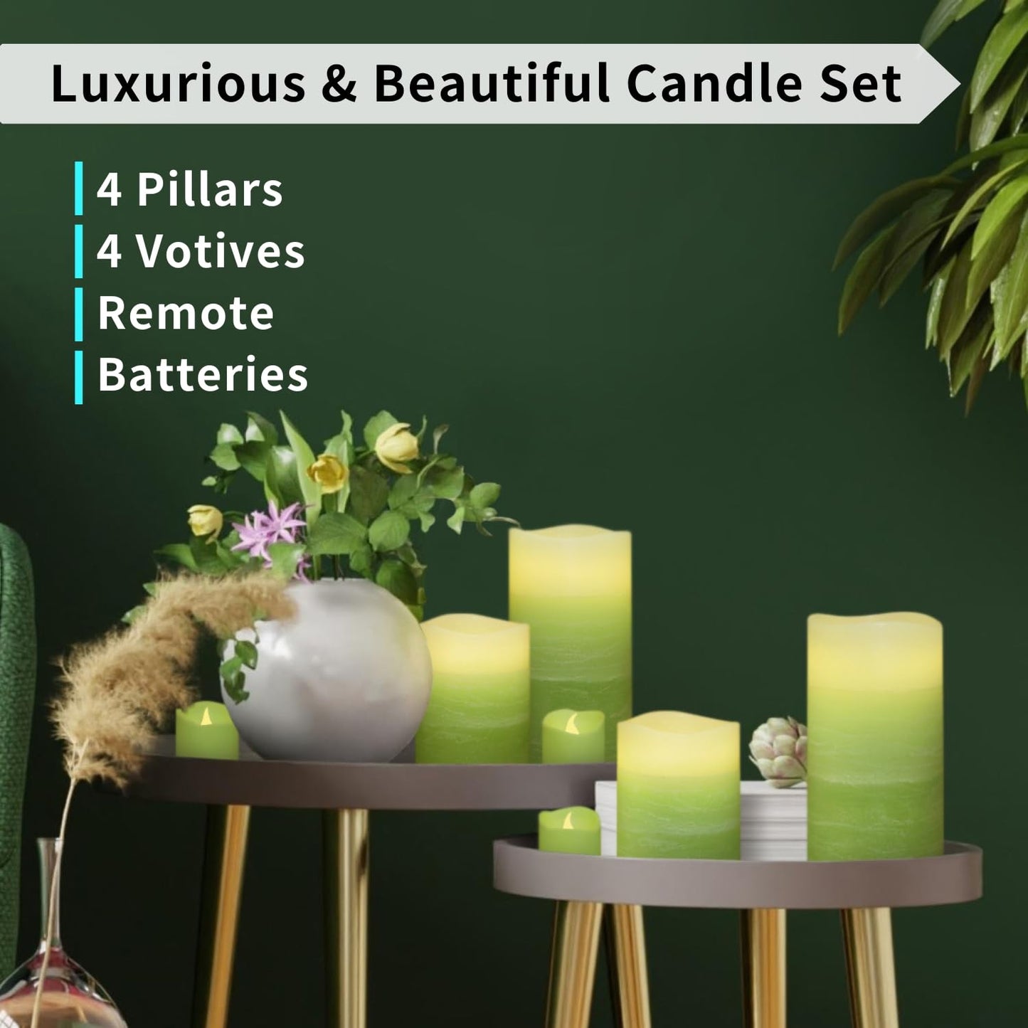 FURORA LIGHTING Green Ombre Flameless Candles - Real Wax, Adjustable Brightness, Remote & Timer - 4 Pillars (3x4, 3x6) and 4 Votives, 8-Pack, Battery Operated