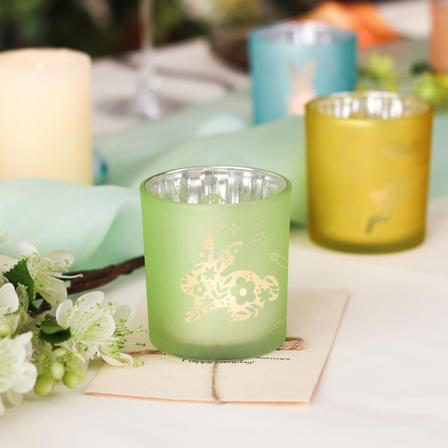 SHMILMH Easter Candle Holders Set of 4 Frosted Glass Votive Tealight Holders Engraved with Bunny Egg Easter Decorations Home Decor Table Centerpiece Gift for Women