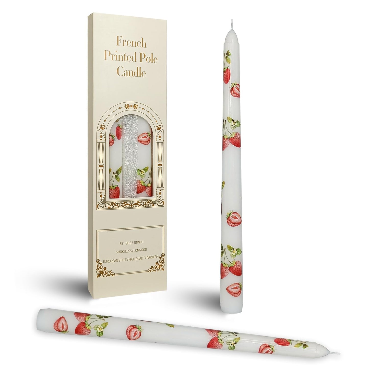 Printed Taper Candle - Baleagcdl White with Strawberry Prints Candlesticks Handmade Long Tapered Candles 10 Inch Drip Candle for Decor Gifts Set of 2
