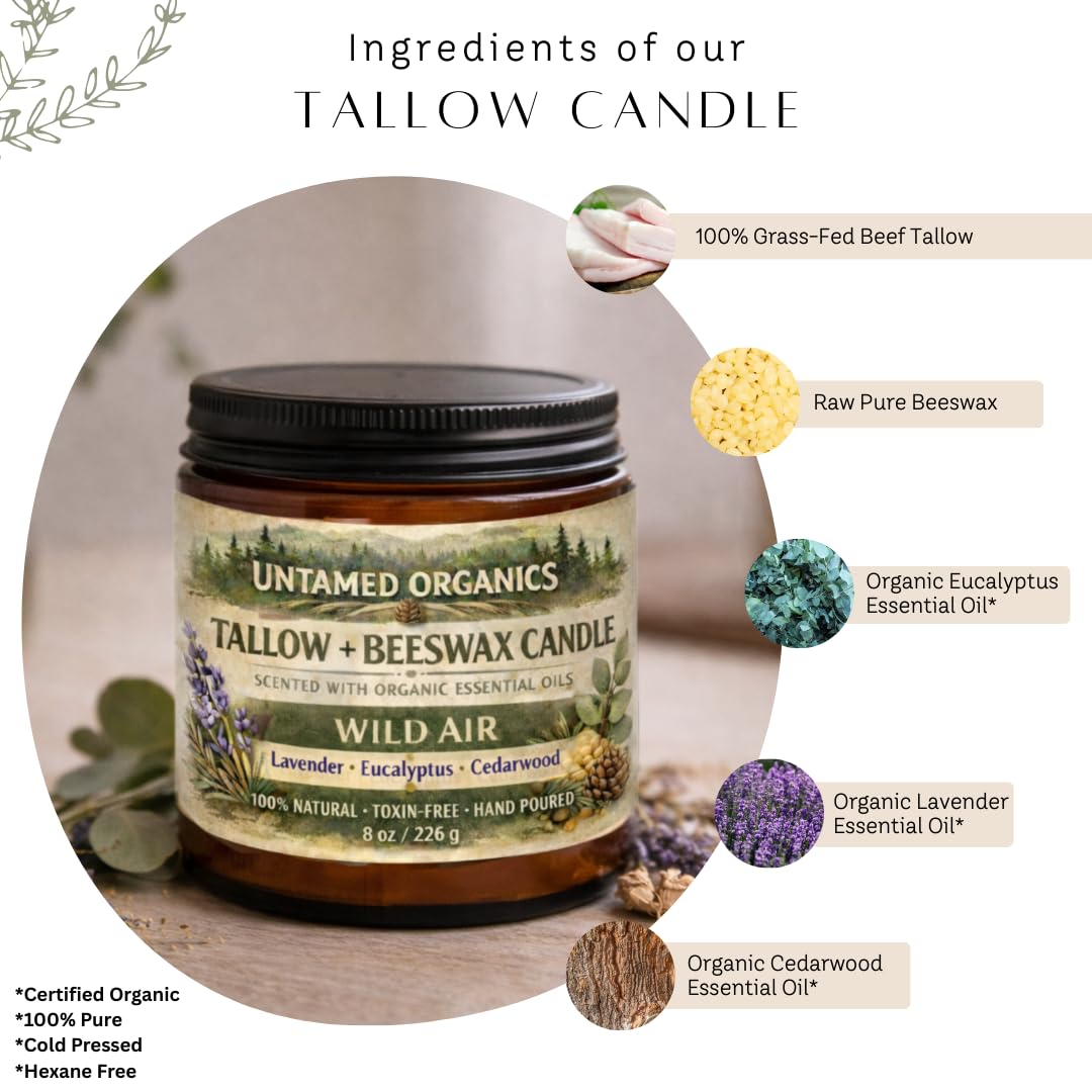 Untamed Organics Grass-Fed Tallow Candle, Essential Oil Scented (Lavender Eucalyptus Cedarwood), No Synthetic Fragrance, Non-Toxic, 100% Cotton Wick, Hand Poured, 8 oz Amber Glass Jar, 50+ Hr Burn