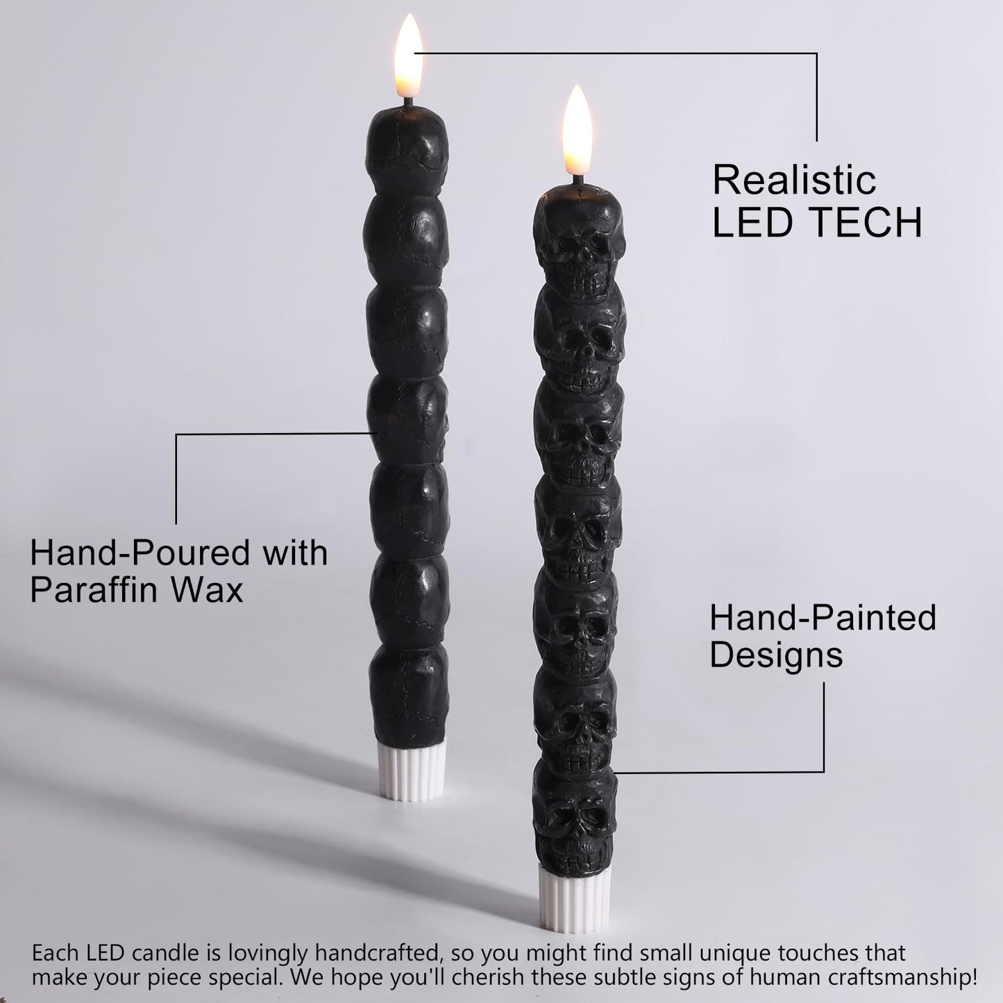 Eywamage Halloween Flameless Taper Candles with Remote, Spooky Black Skull LED Candlesticks Battery Operated Flickering Real Wax Set of 2