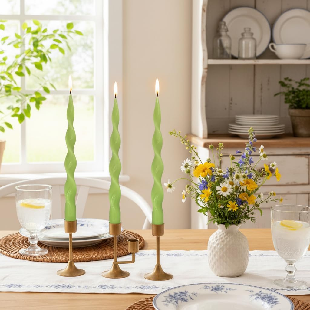 Sage Green Thin Candlesticks Spiral Taper Candle Twisted Candle Sticks 10 INCH Unscented Tapered Candles Smokeless Candles for Summer Rural Farmhouse Style Dinner Home Decor Party Wedding