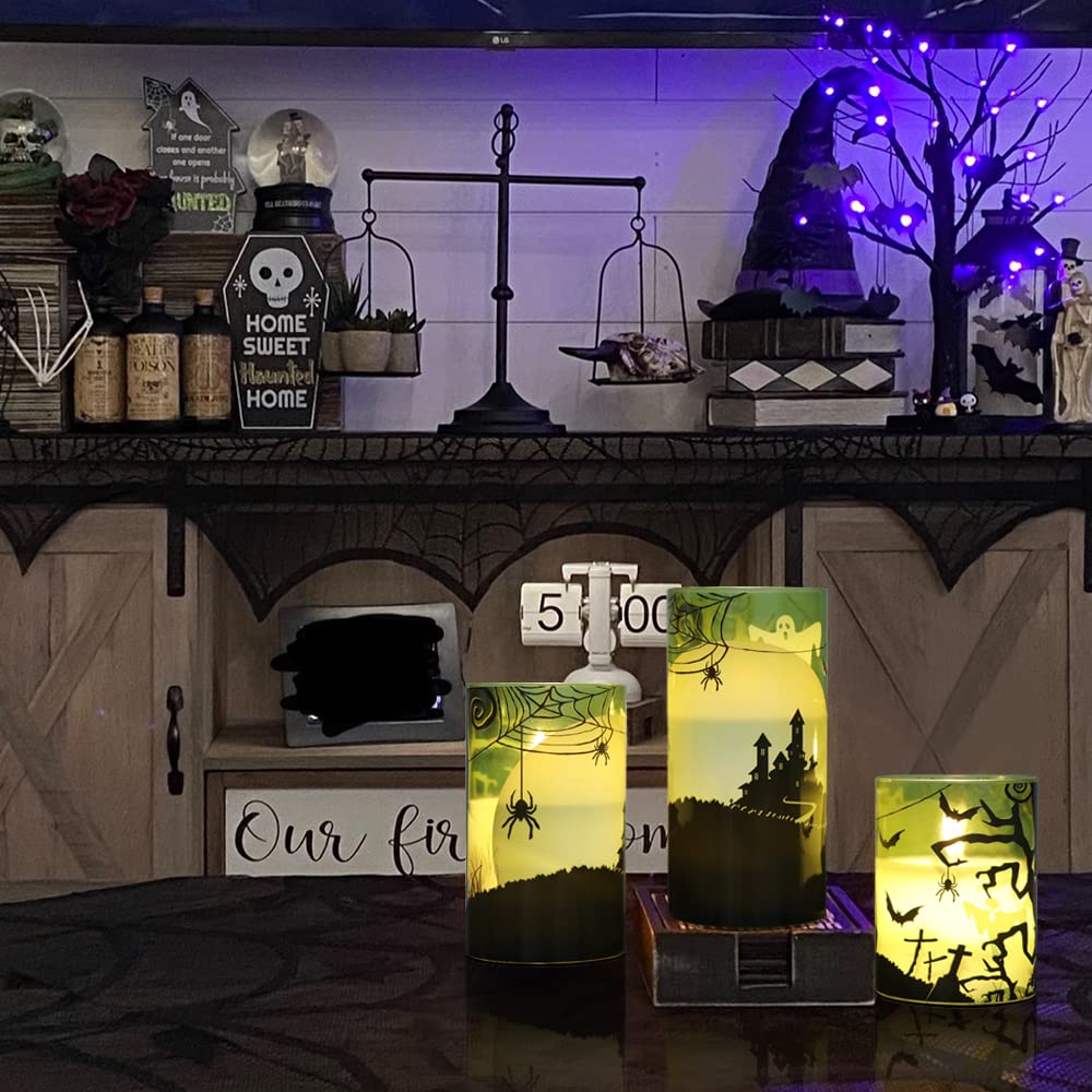 Eldnacele Halloween Flameless Candles with Remote Spider Web, Ghost, Castle Decals Battery Operated Real Wax Flickering Glass Pillar Candle for Spooky Holiday Decor 3 Pack