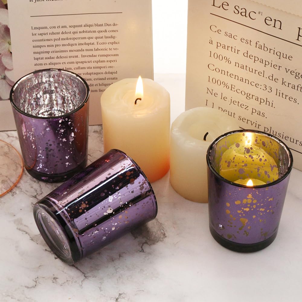 BTGLLAS Purple Mercury Glass Tea Light Holders Set of 36 - Elegant Votive Candle Holders for Weddings, Showers and Home Decor - Perfect for Table Centerpieces and Parties (Glass, Purple)