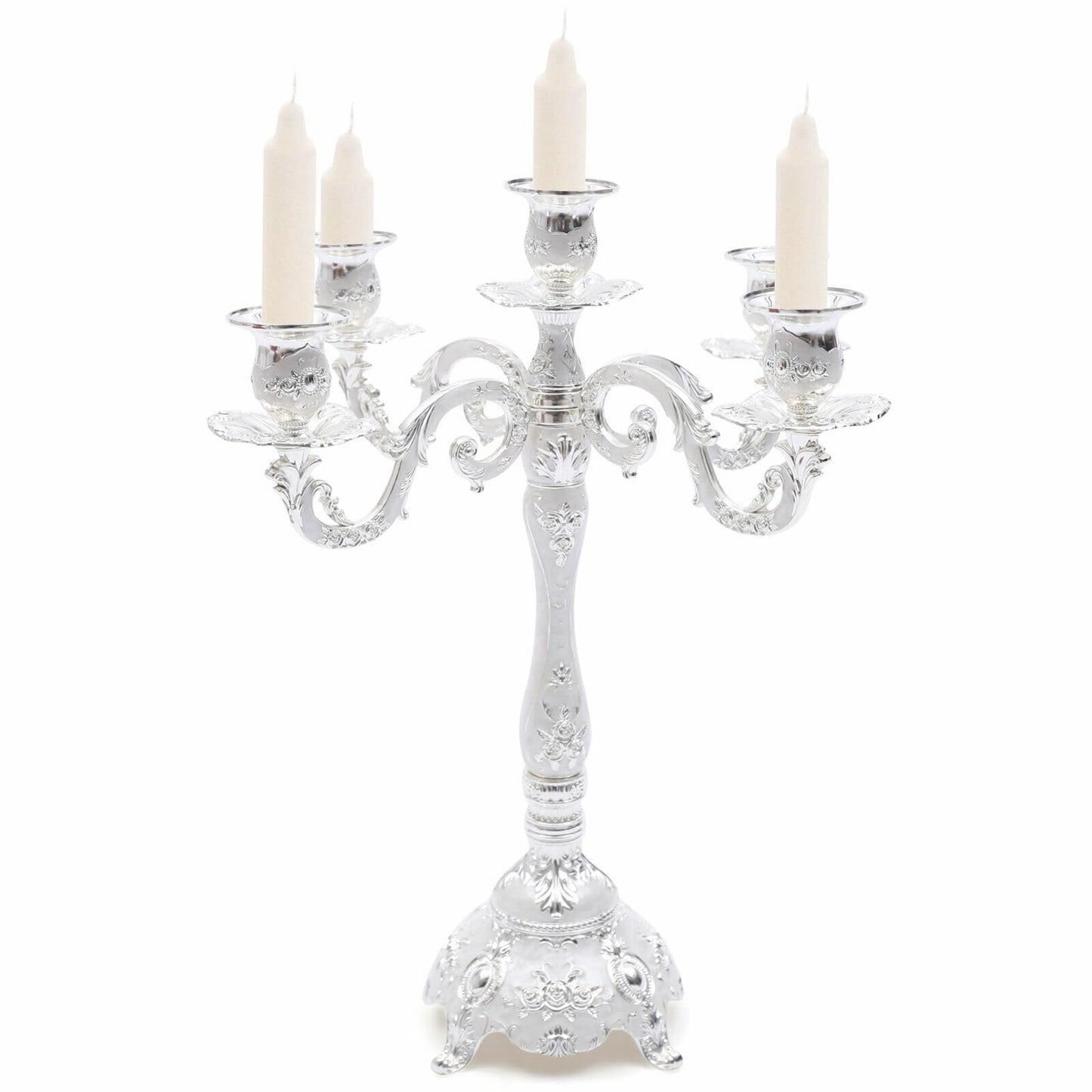 Headery Elegant 14.56”H Mental Tall Candelabra,5 Arm Candle Holder Candlestick Holder, Taper Candle Holder with Three-Dimensional Carving for Wedding Dinner Party Chrismas Ceremony Home Decor(Silver)